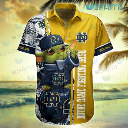 Notre Dame Hawaiian Shirt Baby Yoda Tropical Flower Notre Dame Gift