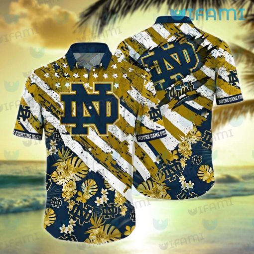 Notre Dame Hawaiian Shirt USA Flag Tropical Flower Notre Dame Gift