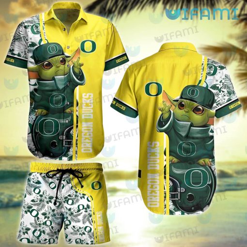 Oregon Ducks Hawaiian Shirt Baby Yoda Flower Pattern Oregon Ducks Gift