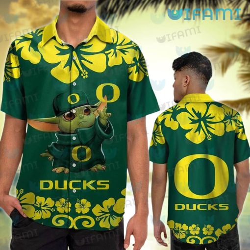 Oregon Ducks Hawaiian Shirt Baby Yoda Hibiscus Flower Oregon Ducks Gift