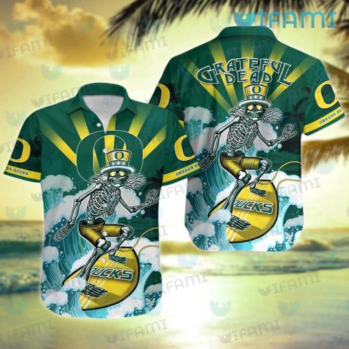 Oregon Ducks Hawaiian Shirt Grateful Dead Skeleton Surfing Oregon Ducks Gift