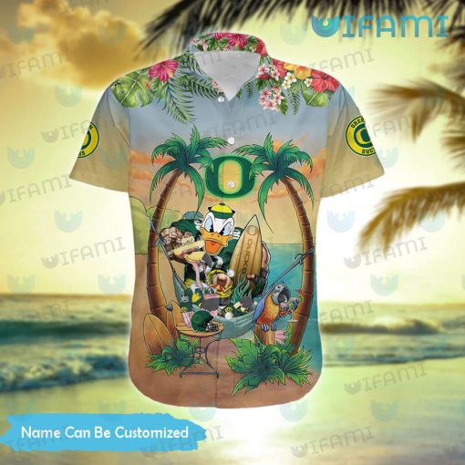 Oregon Ducks Hawaiian Shirt Mascot Flamingo Parrot Custom Oregon Ducks Gift