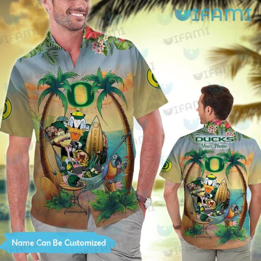 Oregon Ducks Hawaiian Shirt Mascot Flamingo Parrot Custom Oregon Ducks Gift