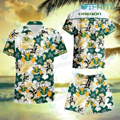 Oregon Ducks Hawaiian Shirt Mascot Hibiscus Palm Leaf Oregon Ducks Gift