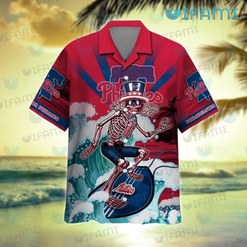 Phillies Hawaiian Shirt Grateful Dead Skeleton Surfing Philadelphia Phillies Gift