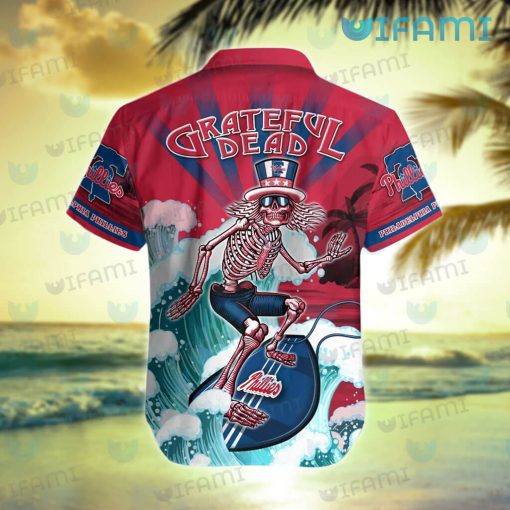 Phillies Hawaiian Shirt Grateful Dead Skeleton Surfing Philadelphia Phillies Gift