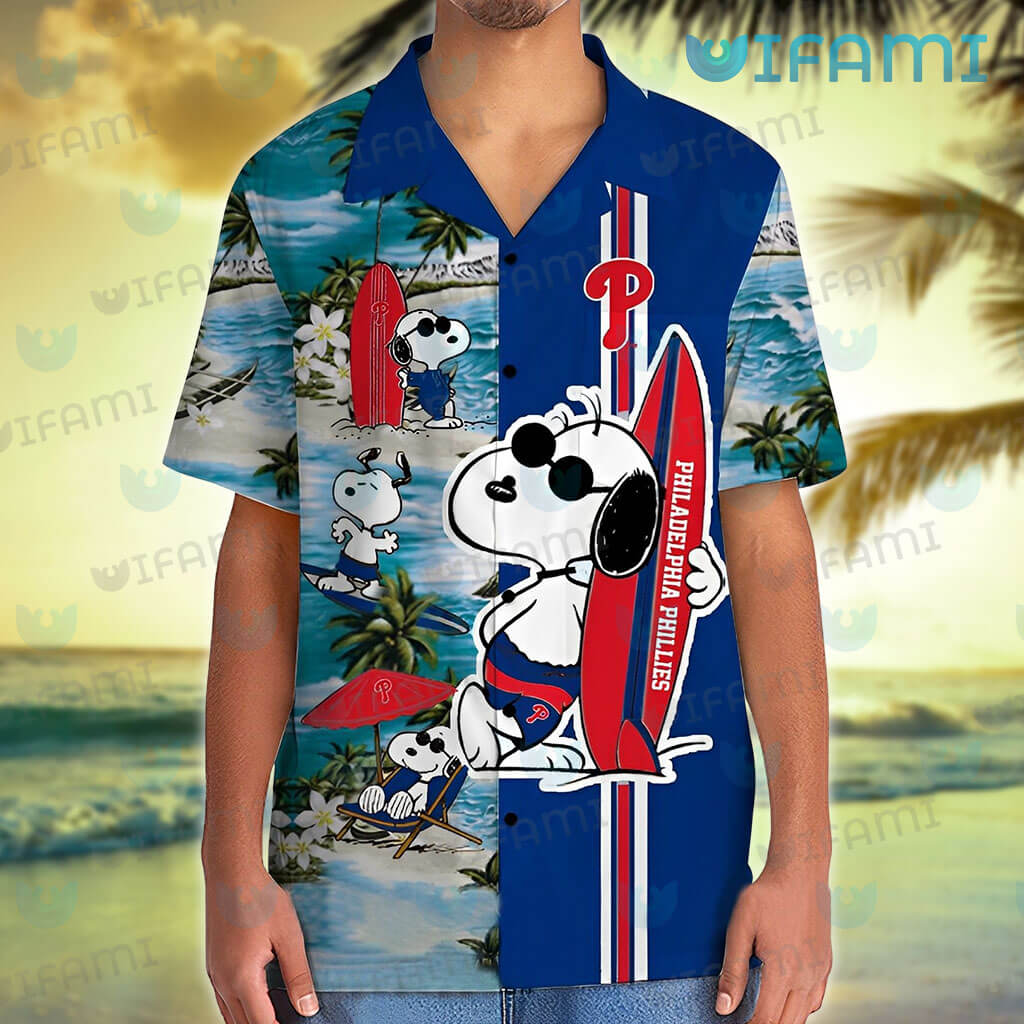 Philadelphia Phillies Snoopy Short Sleeve Button Up Tropical Hawaiian Shirt  - Trendy Aloha