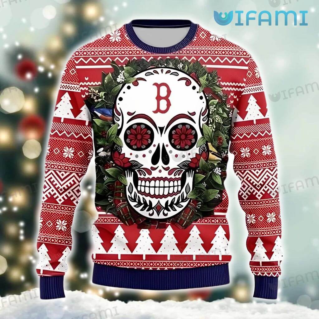Red Sox Sweater Christmas Wreath Sugar Skull Boston Red Sox Gift -  Personalized Gifts: Family, Sports, Occasions, Trending