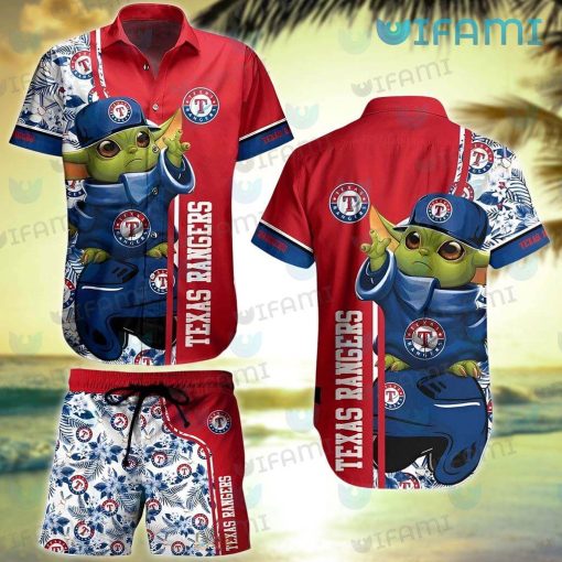 Texas Rangers Hawaiian Shirt Baby Yoda Flower Pattern Texas Rangers Gift