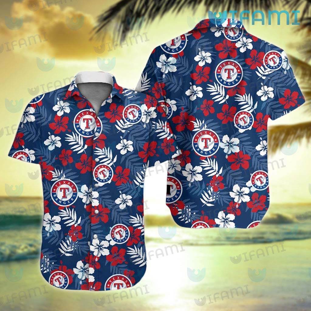 Texas Rangers Hawaiian Shirt Red White Hibiscus Pattern Texas