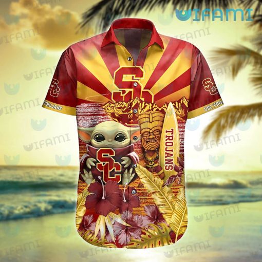 USC Hawaiian Shirt Baby Yoda Tiki Mask Summer Beach USC Trojans Gift