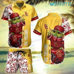 USC Hawaiian Shirt Baby Yoda Tropical Flower USC Trojans Gift