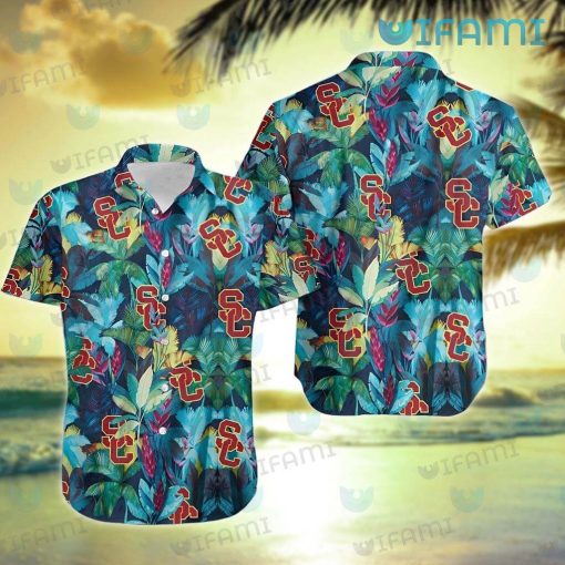 USC Hawaiian Shirt Tropical Leaves Pattern USC Trojans Gift