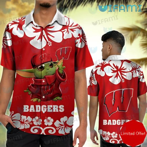 Wisconsin Badgers Hawaiian Shirt Baby Yoda Hibiscus Flower Badgers Gift