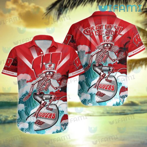 Wisconsin Badgers Hawaiian Shirt Grateful Dead Skeleton Surfing Badgers Gift