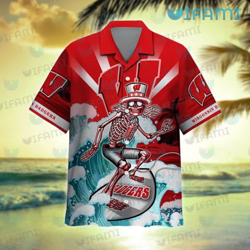 Wisconsin Badgers Hawaiian Shirt Grateful Dead Skeleton Surfing Badgers Gift