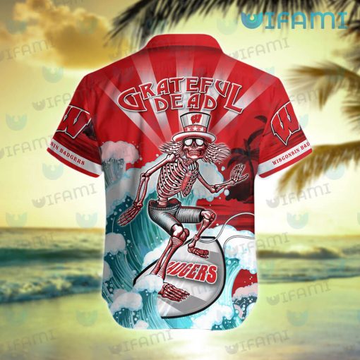 Wisconsin Badgers Hawaiian Shirt Grateful Dead Skeleton Surfing Badgers Gift