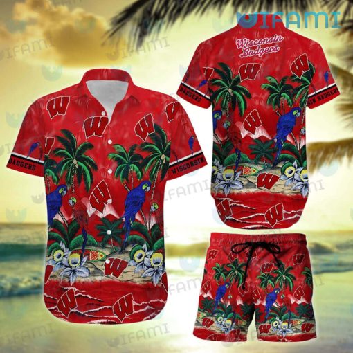 Wisconsin Badgers Hawaiian Shirt Parrot Couple Tropical Beach Badgers Gift