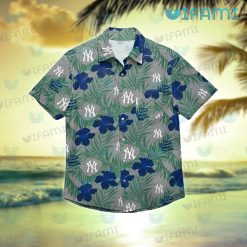 Yankees Hawaiian Shirt Blue Hibiscus Palm Leaf New York Yankees Gift