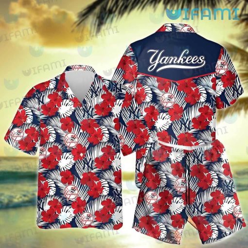 Yankees Hawaiian Shirt Red Hibiscus Palm Leaf New York Yankees Gift