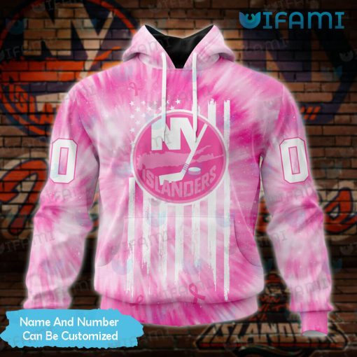 Islanders Hoodie 3D USA Flag Pink Tie Dye Breast Cancer Custom New York Islanders Gift