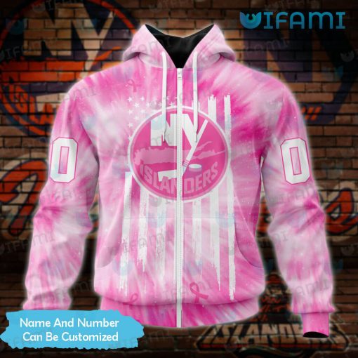 Islanders Hoodie 3D USA Flag Pink Tie Dye Breast Cancer Custom New York Islanders Gift