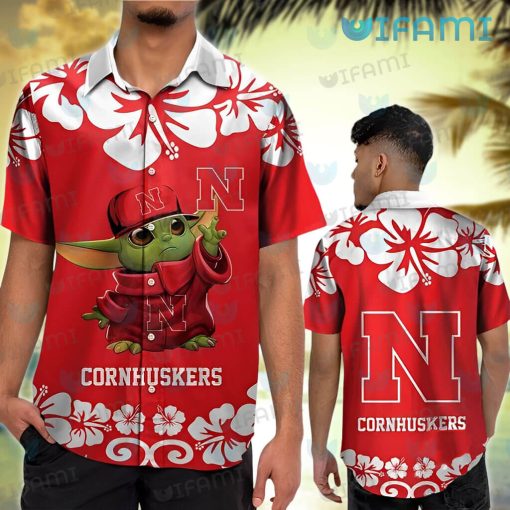 Nebraska Hawaiian Shirt Baby Yoda Hibiscus Flower Nebraska Cornhuskers Gift