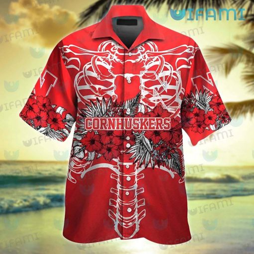 Nebraska Hawaiian Shirt Ribcage Hibiscus Tropical Leaf Nebraska Cornhuskers Gift