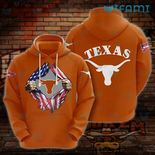 Texas Longhorns Hoodie 3D USA Flag Ripped Logo Longhorns Gift