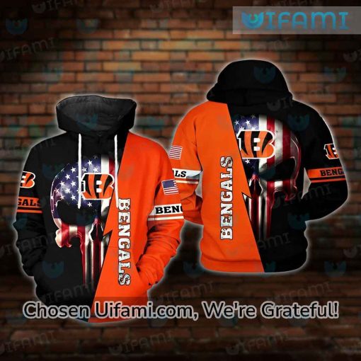 Mens Bengals Hoodie 3D Funny Punisher Skull USA Flag Cincinnati Bengals Gift