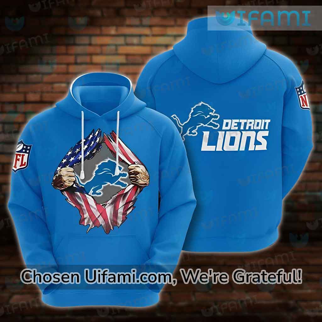 Mens Detroit Lions Hoodie 3D Famous USA Flag Blue Detroit Lions