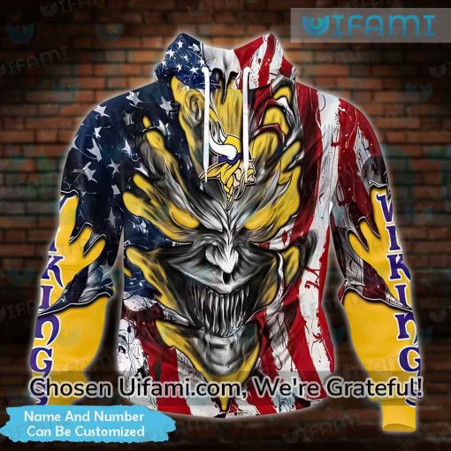 Personalized Vintage Vikings Hoodie 3D Impressive Demon USA Flag Minnesota Vikings Gifts For Dad