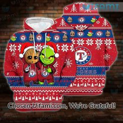 Youth Texas Rangers Hoodie 3D Upbeat Christmas Groot Grinch Texas Rangers Gift 1