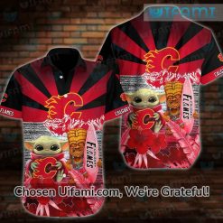 Calgary Flames Hawaiian Shirt Alluring Baby Yoda Tiki Mask Design Perfect Gift