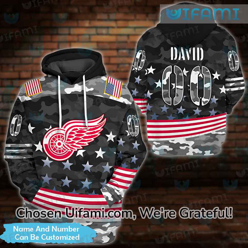 NHL Detroit Red Wings Custom Name Black Camo Pullover Hoodie