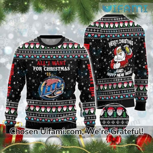 Mens Miller Lite Christmas Sweater Eye-opening Santa Claus Miller Lite Gift