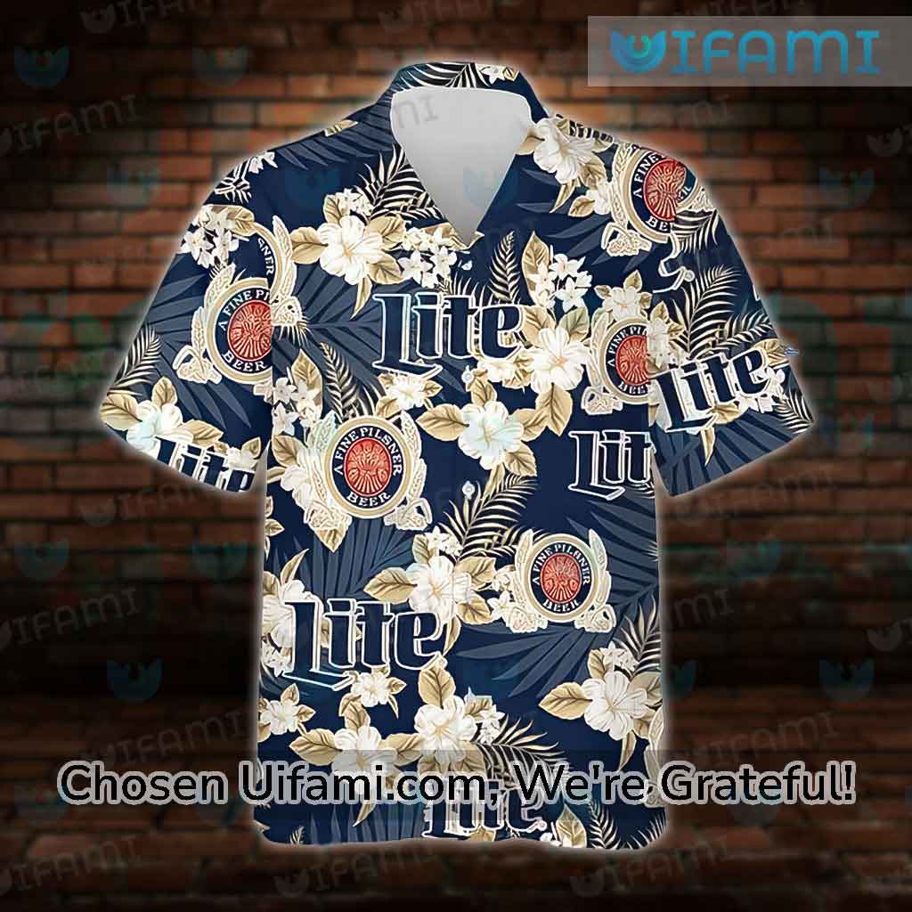 Miller Lite Hawaiian Shirt Tropical Flower Pattern