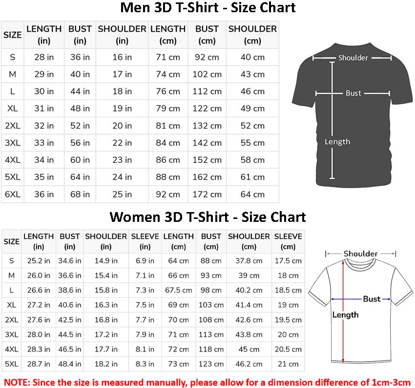 size chart des 3d t shirt
