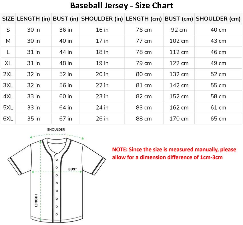 size chart des baseball jersey